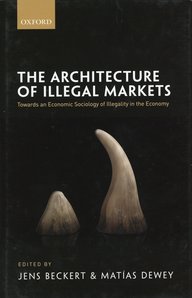 Cover des Buches „The Architecture of Illegal Markets“ von Jens Beckert und Matías Dewey, mit zwei Hörnern vor schwarzem Hintergrund und Oxford-Logo.