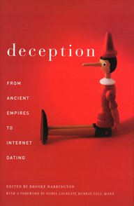 Buchcover mit Pinocchio-Figur und Titel "Deception: From Ancient Empires to Internet Dating", bearbeitet von Brooke Harrington, Vorwort von Murray Gell-Mann.