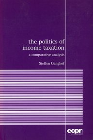 Lila Buchcover mit dem Titel "The Politics of Income Taxation: A Comparative Analysis" von Steffen Ganghof, illustriert mit horizontalen weißen und lilafarbenen Streifen.