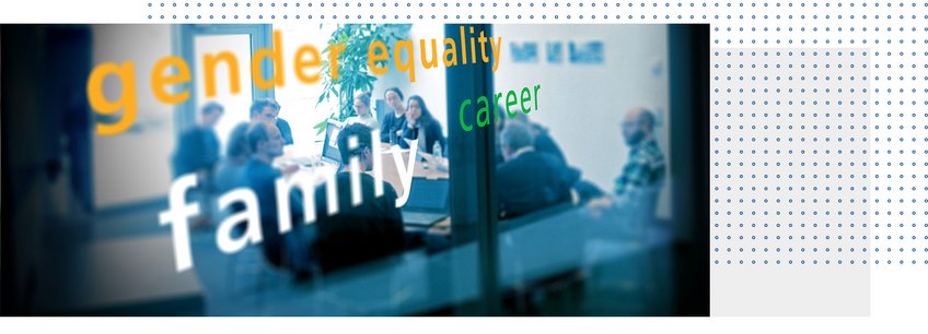 Equal Opportunities The terms “equality,” “family,” and “opportunities” are written on a glass wall, while a group of people are discussing in a room in the background.