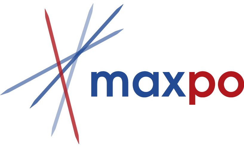 Maxpo-Logo mit stilisierten roten und blauen Linien, die sich überkreuzen, neben dem Schriftzug „maxpo“.