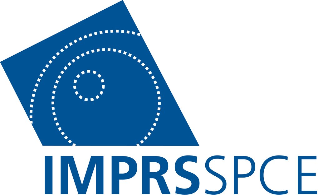 Das Logo der International Max Planck Research School for Solar System Science and Physics of the Earth zeigt blaue geometrische Formen und den Schriftzug "IMPRS SPCE".