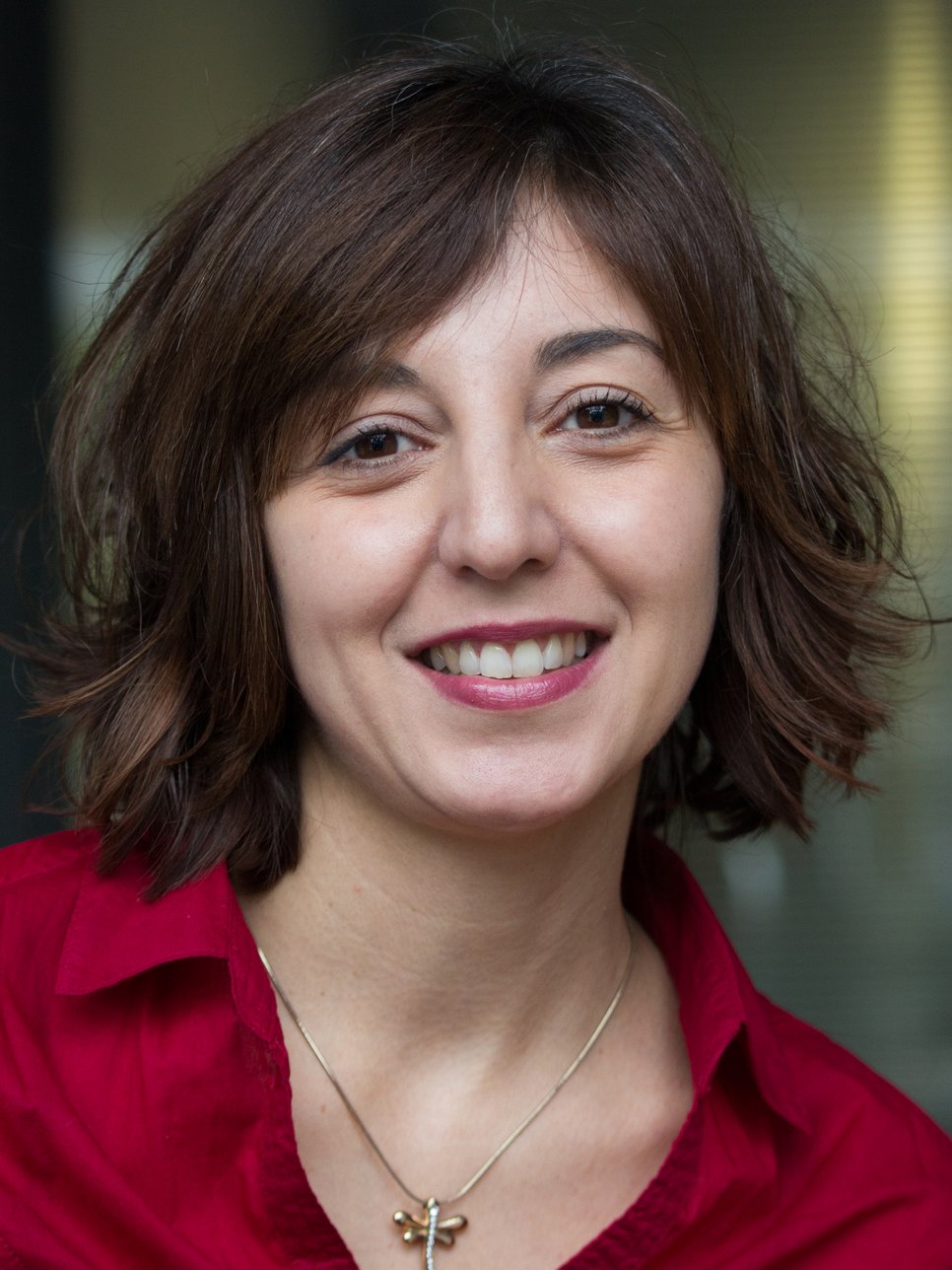 The portrait of what is presumably a female specimen of the species Homo sapiens intellectualis takes up almost the entire photo. She has shoulder-length, thick black hair, which partially covers one eyebrow on the right side. Her dark eyes look friendly, but show signs of fatigue. This does not detract from the warm and empathetic impression she conveys to the viewer. The mouth is half open in a mischievous smile, and clean, healthy white teeth indicate intensive care. The red blouse with a collar has a wide neckline that leaves enough room for the golden chain with a cross pendant, possibly an indication of the individual's religious disposition. All in all, the face expresses a worldliness that is no longer often found – open-hearted sympathy shines through.