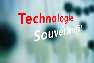 Illustrationsbild: Im Vordergrund die Stichworte „Technologische Souveränität“, im Hintergrund verschwommene Griffe eines beweglichen Regalsystems für Bibliotheken.