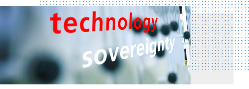 Technology and Sovereignty Illustrative picture: Keywords "Technology Souvereignty" in the foreground, in the background blurred handles of a moving shelves library system