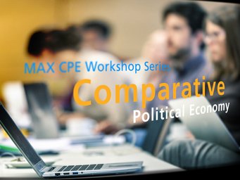 Text "Comparative Political Economy" on glass wall at MAX CPE Workshop Series; laptops and papers on table.