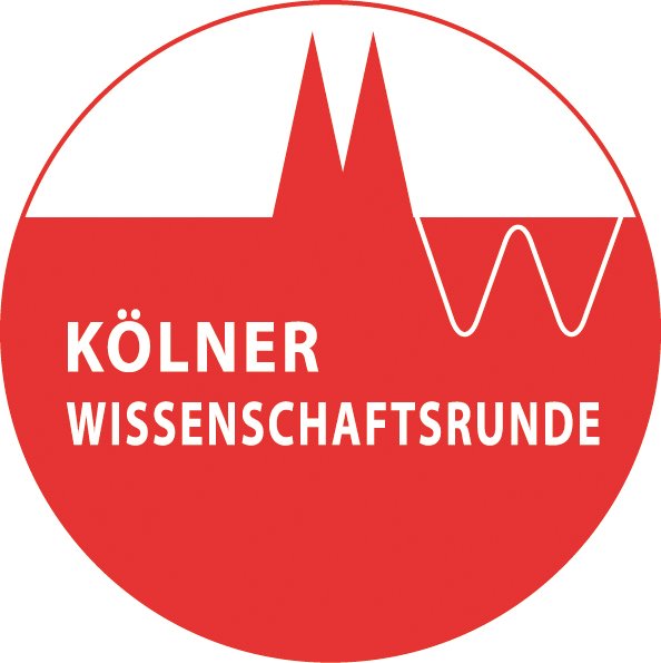 Logo in red circle with Cologne Cathedral silhouette, including "Kölner Wissenschaftsrunde" text, symbolizing scientific community.