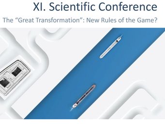 The image for the XI. Scientific Conference illustrates the theme "The Great Transformation: New Rules of the Game?" with two cargo ships navigating a blue canal, surrounded by abstract white structures.