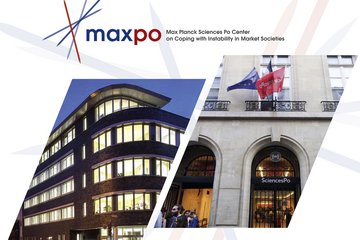 MaxPo logo with two images: a modern, illuminated office building at dusk and the entrance of Sciences Po adorned with European and institutional flags.