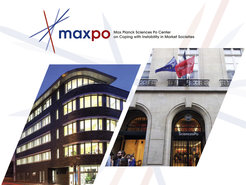 MaxPo logo with two images: a modern, illuminated office building at dusk and the entrance of Sciences Po adorned with European and institutional flags.