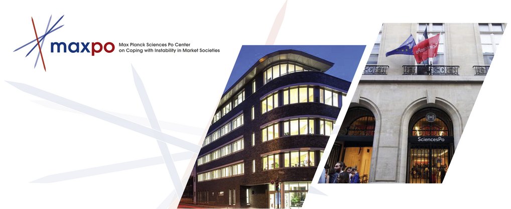 Logo of Max Planck Sciences Po Center with an image of the modern Max Planck building at night and the entrance of Sciences Po, adorned with flags.