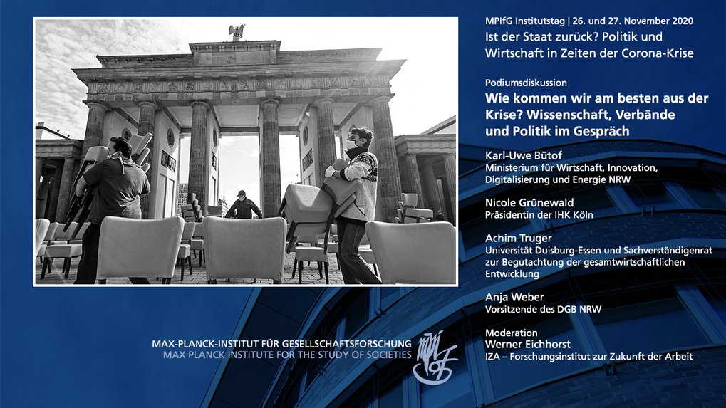 The image features a promotional graphic for a panel discussion titled "How do we get through the crisis? Science, associations, and politics in discussion," organized by the Max Planck Institute for the Study of Societies. It includes the Brandenburg Gate in the background and lists various speakers and their affiliations.