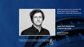 A black and white portrait of a man with glasses and tousled hair, accompanied by text in German about a conference on politics and economics during the COVID-19 crisis, featuring Moritz Schulz from the University of Bonn.
