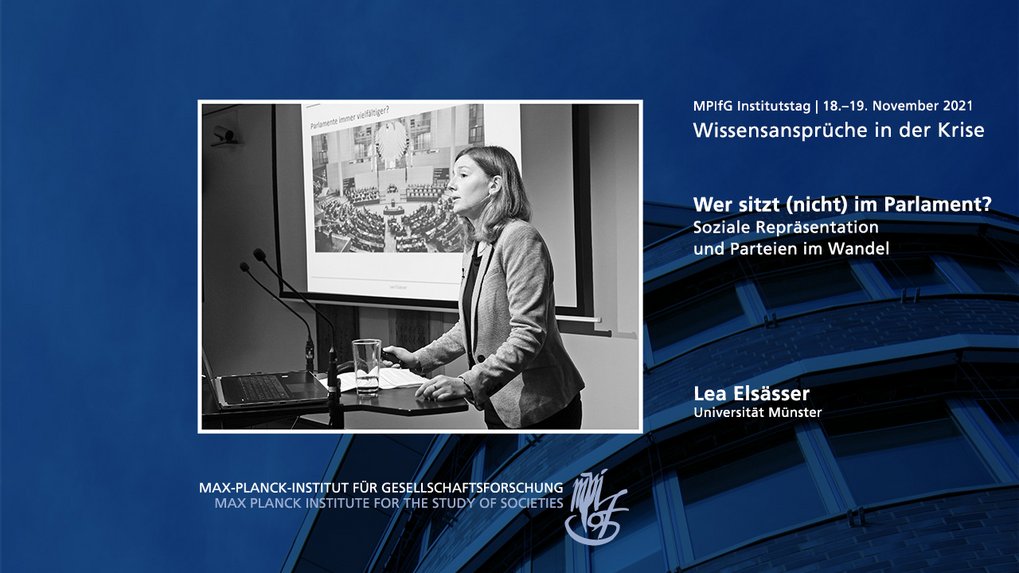 Eine Konferenzpräsentationsfolie, auf der ein Redner über soziale Repräsentation und politische Parteien spricht. Die Folie enthält ein Bild eines Parlaments und einen Text in deutscher Sprache.