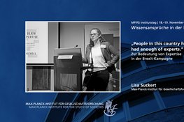 Ein Schwarz-Weiß-Bild einer Frau, die auf einer Konferenz einen Vortrag hält, mit einem Text auf der Folie, der sich mit Fachwissen im Zusammenhang mit der Brexit-Kampagne befasst. Der Text enthält ein Zitat über die öffentliche Meinung gegenüber Experten sowie Details zur Veranstaltung und zur Vortragenden.