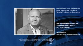 Ein Schwarz-Weiß-Bild eines Mannes im Blazer neben einem Text über eine Konferenz zur politischen Ökonomie in der Eurozone während der Pandemie mit dem Redner Martin Höpner vom Max-Planck-Institut für Gesellschaftsforschung.