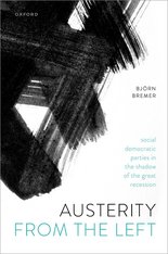 Buchcover mit abstrakter schwarzer Pinselzeichnung, Titel: "Austerity From the Left" von Björn Bremer, Oxford Verlag.
