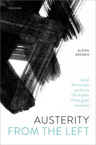 Buchcover mit abstrakter schwarzer Pinselzeichnung, Titel: "Austerity From the Left" von Björn Bremer, Oxford Verlag.