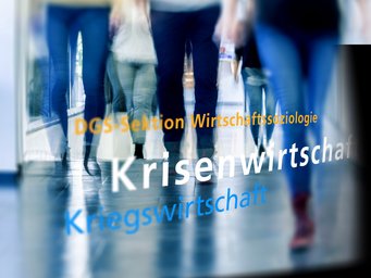 Reflections of several individuals walking in a corridor, with overlaid text highlighting themes like "crisis economy" and "economic sociology" in various colors.