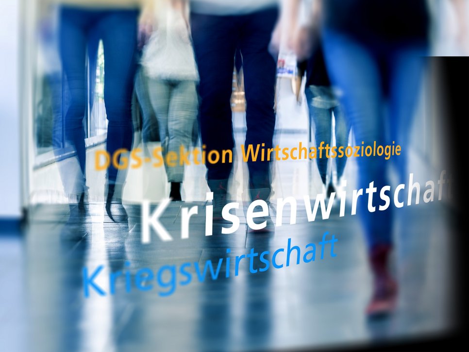Reflections of several individuals walking in a corridor, with overlaid text highlighting themes like "crisis economy" and "economic sociology" in various colors.