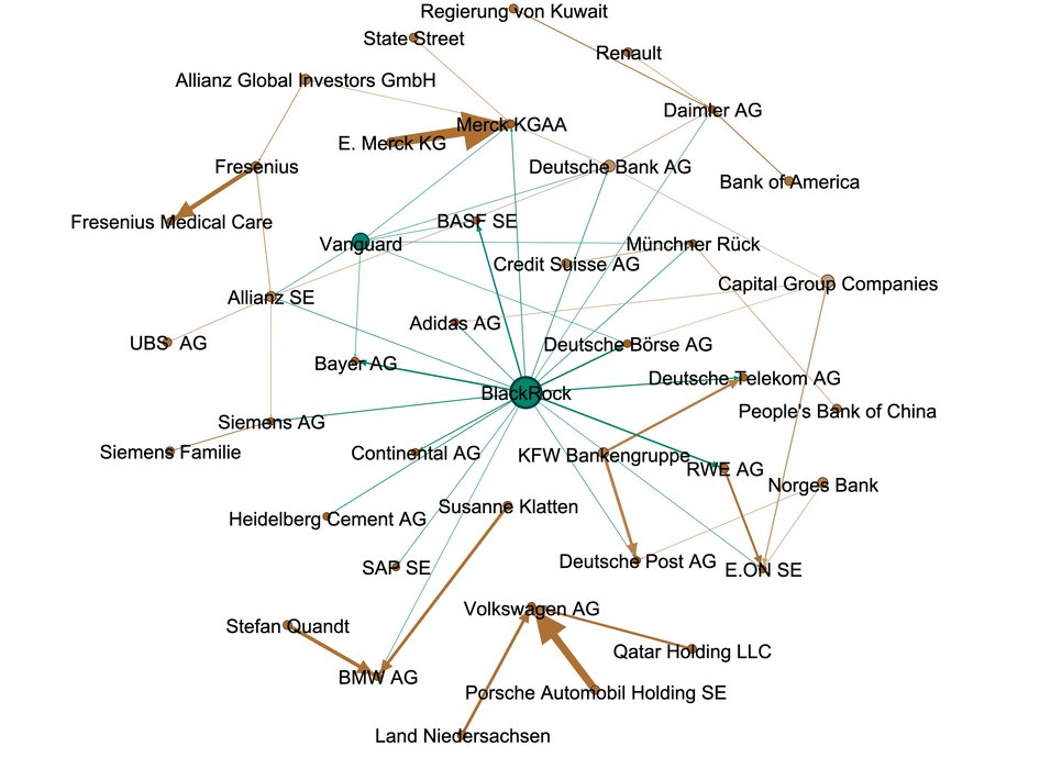 Ein komplexes Netzwerkdiagramm visualisiert die Verbindungen von BlackRock zu anderen globalen Finanzunternehmen und Investoren. BlackRock ist zentral positioniert und durch Linien mit verschiedenen Firmen und Organisationen verbunden, die die finanziellen Beziehungen darstellen.