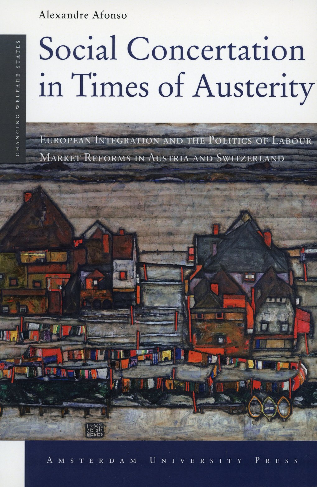 Buchcover zeigt abstrakte Stadtansicht. Titel: Social Concertation in Times of Austerity; Thema: europäische Arbeitsmarktpolitik in Österreich und Schweiz. Autor: Alexandre Afonso.