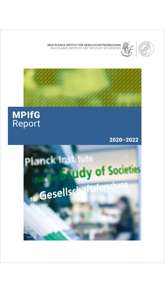 Cover of the MPIfG Report for the years 2020–2022 in various shades of green, with the words “Study of Societies” and “Gesellschaftsforschung” faintly visible.