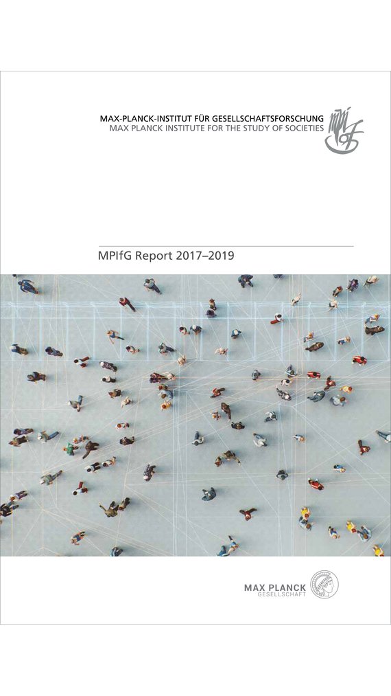 The cover of the MPIfG Report for the years 2017–2020 shows a bird's-eye view of a public square, where numerous human beings scattered across the scene are vaguely discernible.