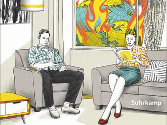 In einem Wohnzimmer sitzen zwei Personen auf Sesseln, einer mit Fernbedienung, einer liest ein Buch, während im Hintergrund eine brennende Weltkarte zu sehen ist. Ein gelber Tisch ergänzt das Ambiente. Das Motiv zeigt das Cover des neuen MPIfG-Buches von Jens Beckert: "Verkaufte Zukunft".