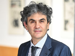 Das Foto zeigt Lucio Baccaro, seit 2017 Direktor am MPIfG. Im November 2023 wurde er zum Honorarprofessor am Institut für Politikwissenschaft (IFP) und am Institut für Sozialökonomische Forschung (IFSO) der Universität Duisburg-Essen ernannt. Eine Person mit grauen Locken trägt einen dunklen Anzug, ein weißes Hemd und eine gepunktete Krawatte und steht in einem Innenraum vor einem gerahmten Kunstwerk.