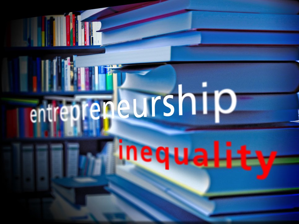 A bookshelf with stacks of books in the foreground, overlaid with the words “entrepreneurship” in white and “inequality” in red.
