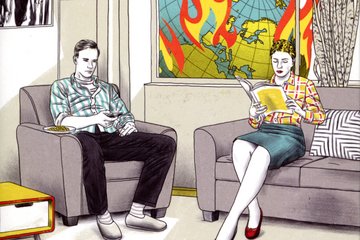 Living room scene with two seated individuals; window depicts a globe in flames, signifying climate change. Book title: "How We Sold Our Future."