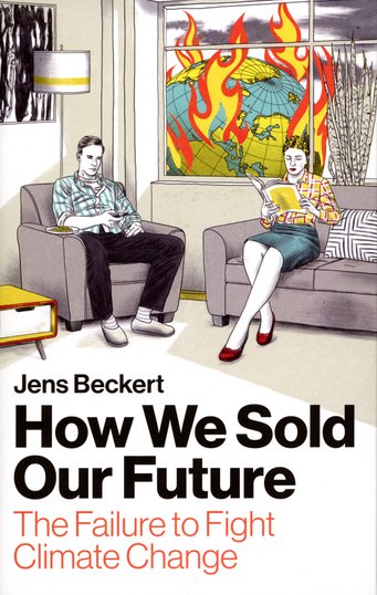Living room scene with two seated individuals; window depicts a globe in flames, signifying climate change. Book title: "How We Sold Our Future."