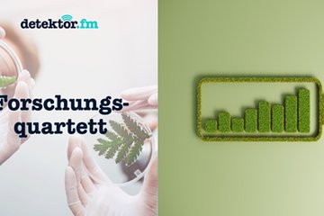 Das Bild besteht aus zwei Teilen: Auf der linken Seite ist eine Hand zu sehen, die eine Lupe über eine Pflanze hält, darunter der Text „Forschungsquartett” und „detektor.fm”. Auf der rechten Seite befindet sich ein grünes Batteriesymbol mit Balkendiagrammen, die den Ladezustand anzeigen.