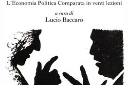 Buchcover des Werkes "I Capitalismi a Confronto" von Lucio Baccaro mit Silhouetten, die zwei Personen in einer Diskussion darstellen.