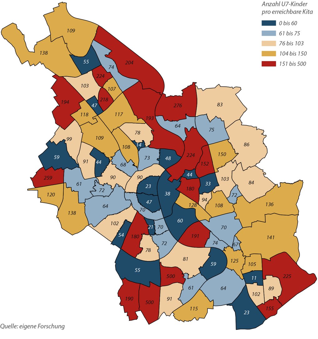 Karte über Köln zeigt Anzahl U7 Kinder pro erreichbare Kita