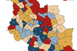 Karte über Köln zeigt Anzahl U7 Kinder pro erreichbare Kita