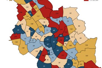 Karte über Köln zeigt Anzahl U7 Kinder pro erreichbare Kita
