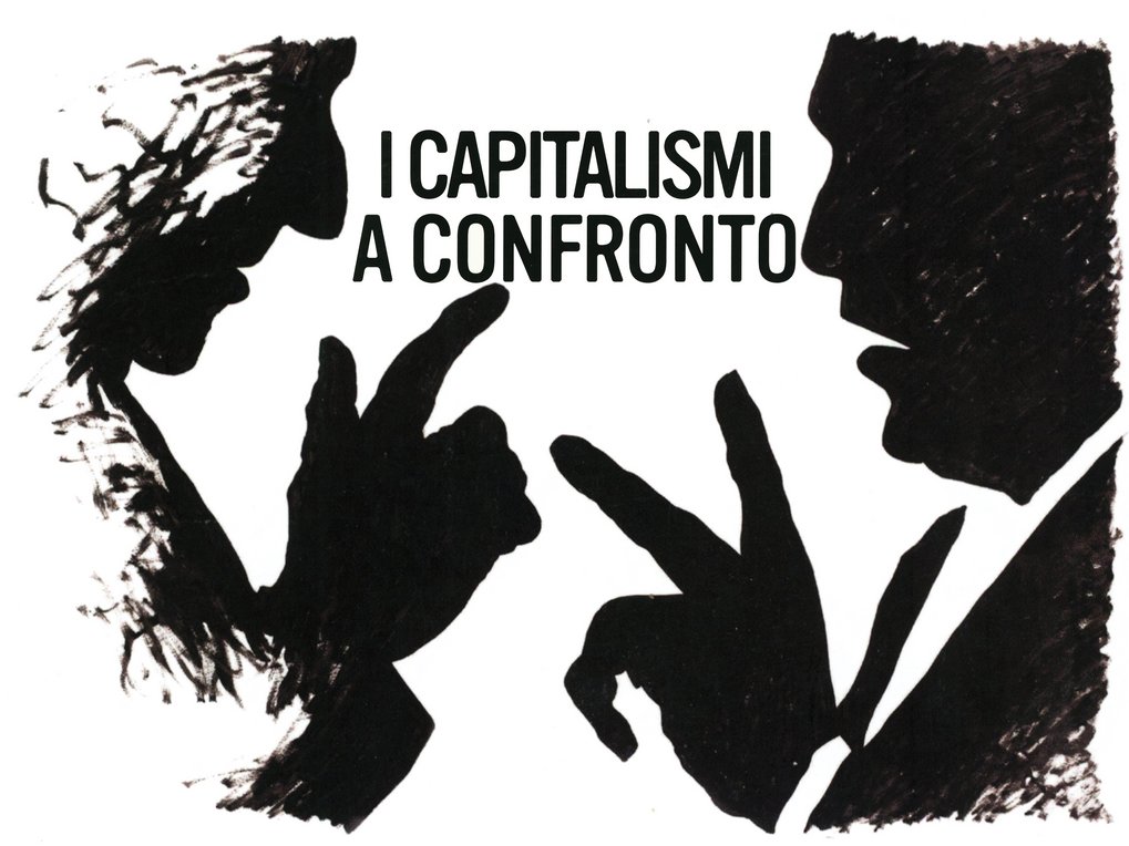 Das Cover von „I Capitalismi a Confronto” zeigt die Silhouetten zweier Personen in einer hitzigen Diskussion. Die Stimmung ist angespannt, im Mittelpunkt steht die vergleichende politische Ökonomie.