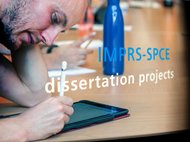 Person writing on a tablet with a stylus, text overlay: "IMPRS-SPCE dissertation projects."