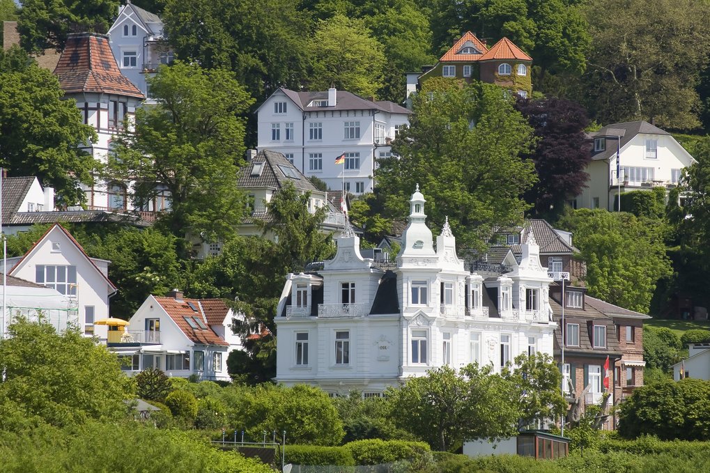 Elegant hillside homes with diverse architectural styles, nestled in green foliage.