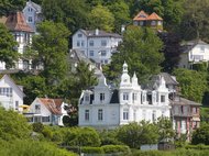 Elegant hillside homes with diverse architectural styles, nestled in green foliage.