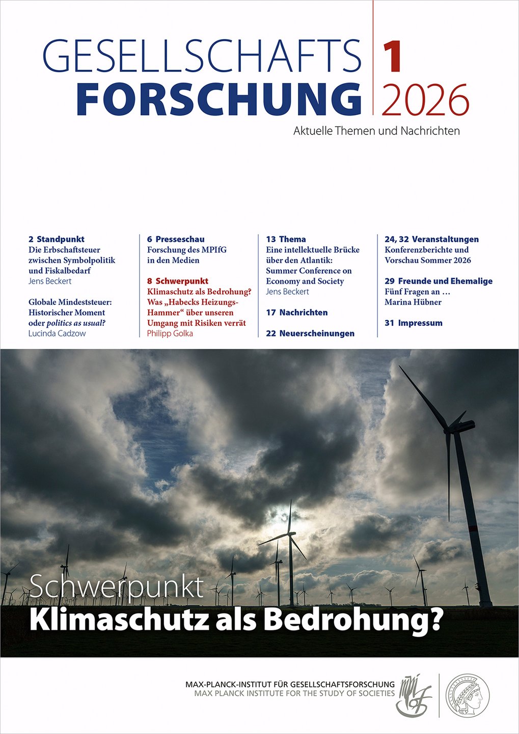 Titel Magazin Gesellschaftsforschung 2026/1, "Klimaschutz als Bedrohnung", Bild zeigt Windräder vor bedrohlich wirkendem Himmel 