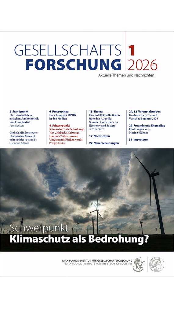 Titel Magazin Gesellschaftsforschung 2026/1, "Klimaschutz als Bedrohnung", Bild zeigt Windräder vor bedrohlich wirkendem Himmel