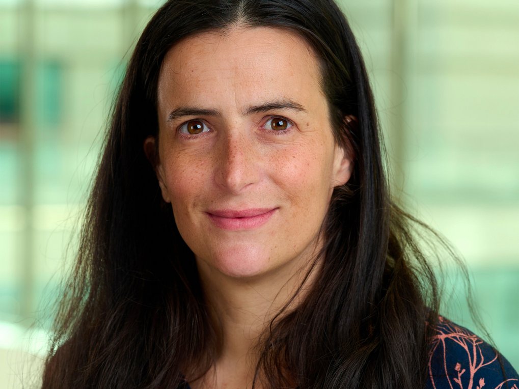 Portrait of a woman with long, dark hair and a patterned top against a blurred, light-colored background.