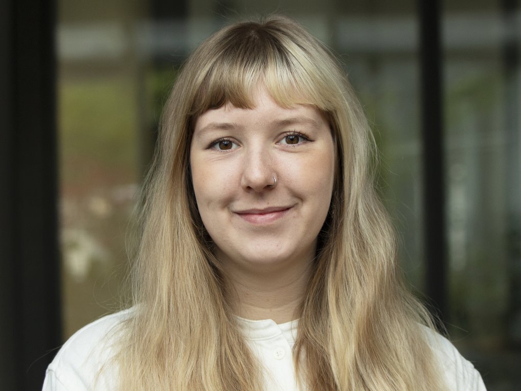 Ein junges Exemplar der Gattung Homo sapiens intellectualis, langes blondes Haar nach vorne über die Brust gelegt, einen hellen kragenlosen Pullover tragend, freundlich-zaghaft lächelnd, vor verschwommenem Fensterhintergrund stehend oder sitzend, blickt dem Betrachter entgegen.