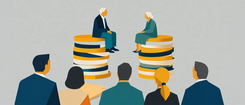 Zwischen Freibetrag und Verschonung: Viele Familien nutzen clevere Gestaltungen, um die Steuerlast zu senken. Ältere Menschen sitzen auf großen Münzstapeln, während andere Personen ihnen zuhören.