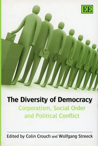 Buchcover "The Diversity of Democracy", zeigt grüne Figuren in einer Reihe, die Umschläge halten, mit den Herausgebern Colin Crouch und Wolfgang Streeck.