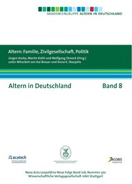 Wissenschaftliche Broschüre „Altern in Deutschland“, Band 8, Teil der Reihe Nova Acta Leopoldina, herausgegeben von Jürgen Kocka, Martin Kohli und Wolfgang Streeck, mit Logos der Akademiengruppe, acatech, Leopoldina und Jacobs Foundation.