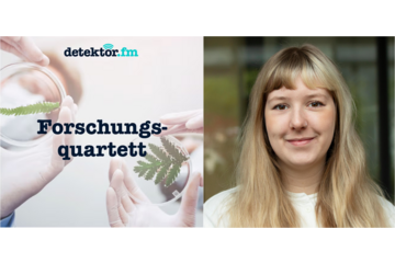 Das Bild besteht aus zwei Teilen: Auf der linken Seite sind Hände mit Petrischalen und Präparaten zu sehen, darüber der Text "detektor.fm und mittig „Forschungsquartett”. Auf der rechten Seite befindet sich ein Portrait einer jungen Frau.